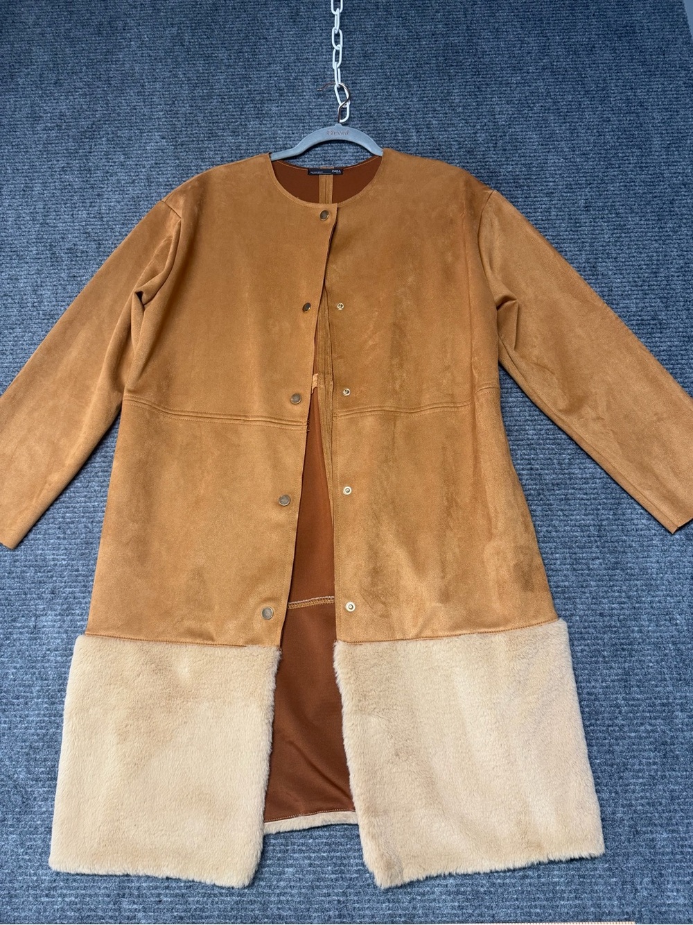 Zara Two-Tone Tan & Cream Shearling-Trim Pea Coat large fall boho